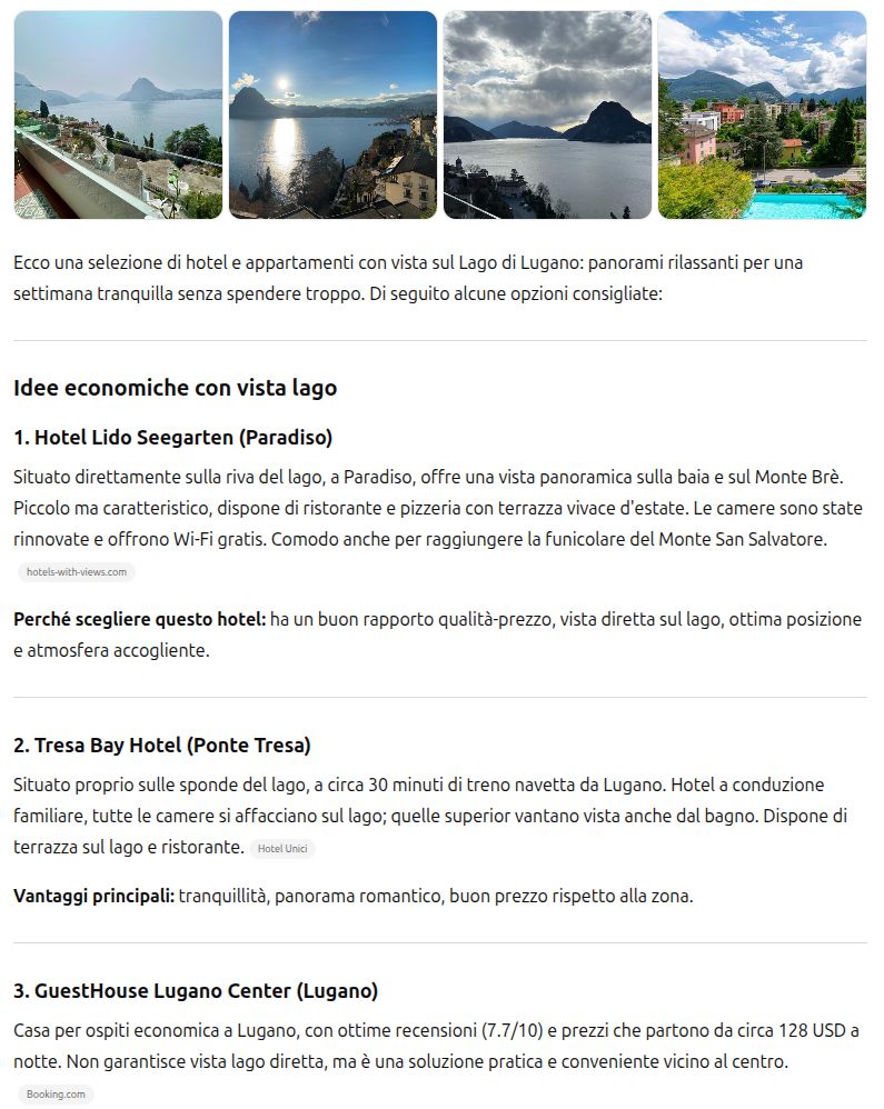 Esempio di risposta di ChatGPT ad una ricerca turisticia