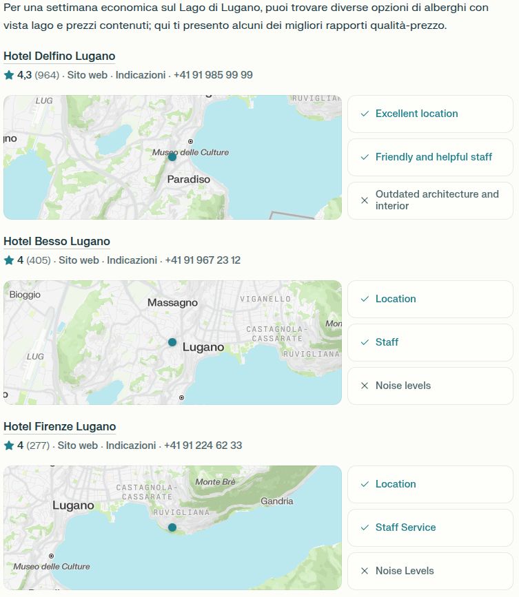 Esempio di risposta di Perplexity ad una ricerca turisticia
